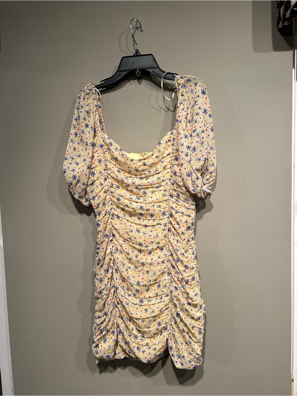 Lush Yellow Floral Puff-Sleeve Ruched Mini Dress